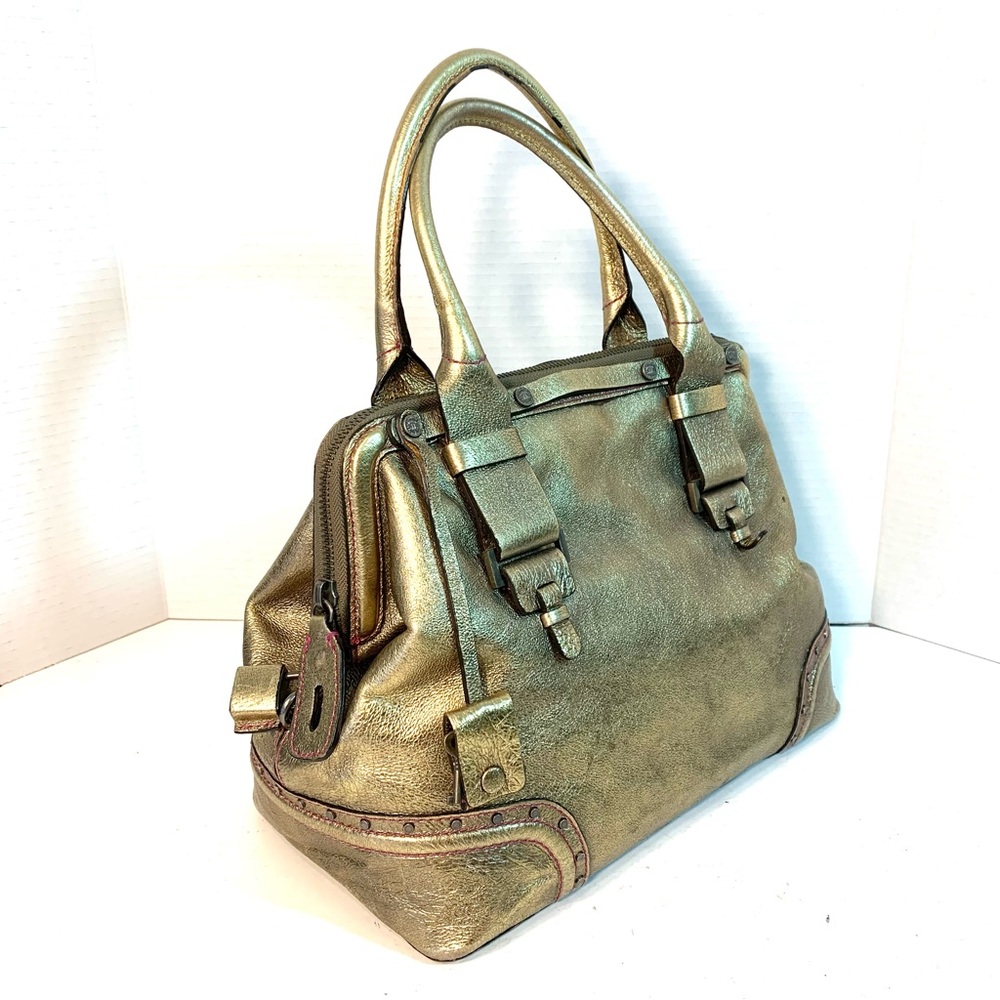 ELLEN TRACY Metallic Gold Leather Satchel Doctor Bag Purse w/Lock & Keys